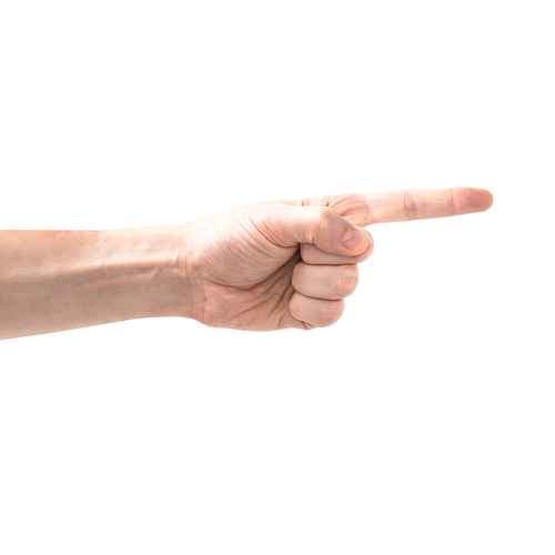 Female hand with finger pointing right isolated on white