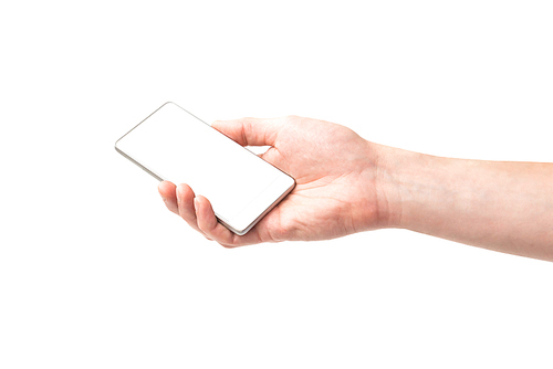 Hand holding white smartphone with isolated white background screen