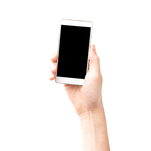 Hand holding smartphone with black screen isolated on white
