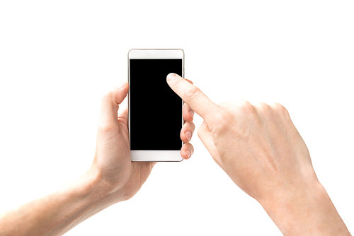 Hands touching smartphone with black screen isolated on white