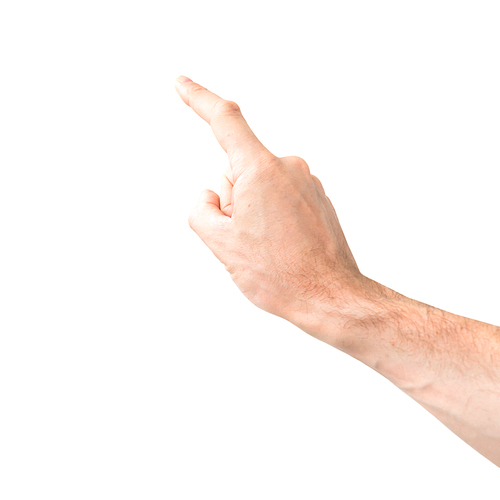 Female hand touching or pointing finger to something isolated on white