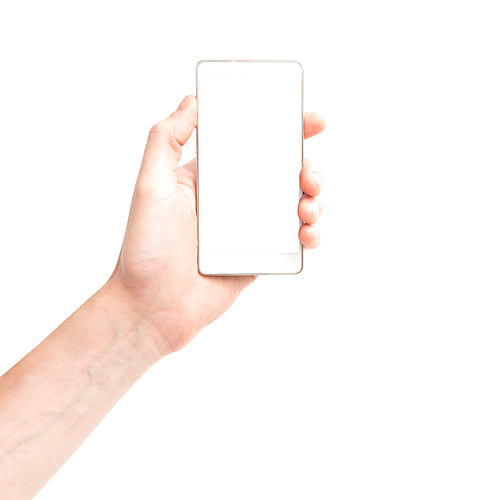 Hand holding white smartphone with isolated white background screen