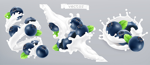 Blueberry and milk splash, yogurt. 3d realistic vector icon