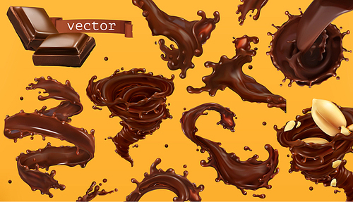 Chocolate splash. 3d realistic vector icon set