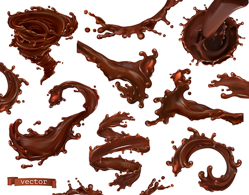 Chocolate splash. 3d realistic vector set