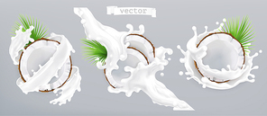 Coconut and milk splash. 3d realistic vector icon