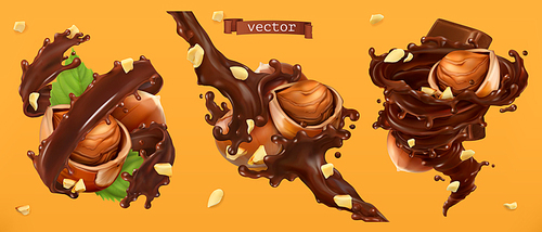 Hazelnuts and chocolate splashes. 3d realistic vector