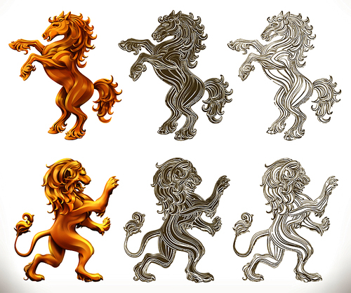 Horse anb lion. 3d and engraving styles. Vector illustration