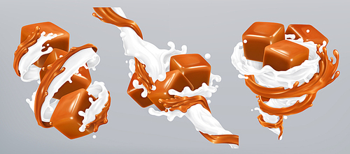 Milk and caramel splashes, 3d realistic vector