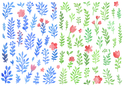 Set of vector watercolor florals isolated on a white . Blue and green flowers and leaves.