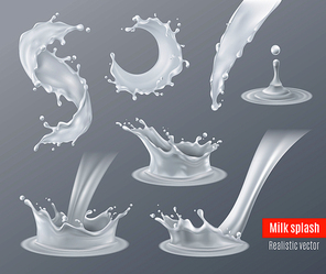 Set of realistic milk splashes of various shape with drops isolated on grey background vector illustration