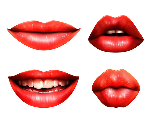 Mouth body language icons set with red lips closed turned up pursed and smiling realistic vector illustration
