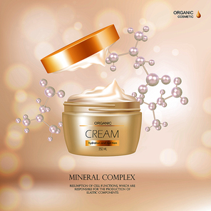 Organic cosmetic concept with cream container and gold cover for advertisement in fashion magazine realistic vector illustration