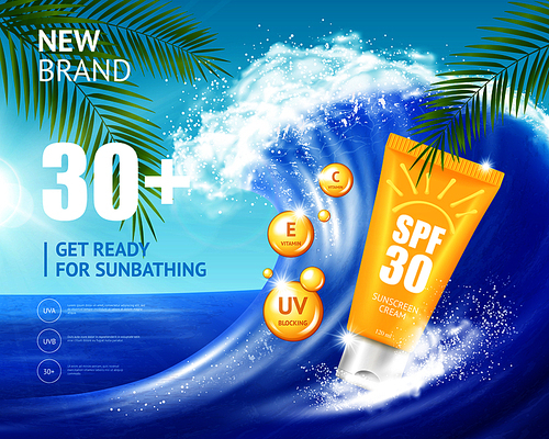Realistic sunscreen cosmetics in orange plastic packaging on sea wave background, advertising poster with seascape vector illustration