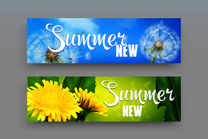 Realistic horizontal banners in blue and green color with dandelion flowers and fluff isolated on grey background vector illustration