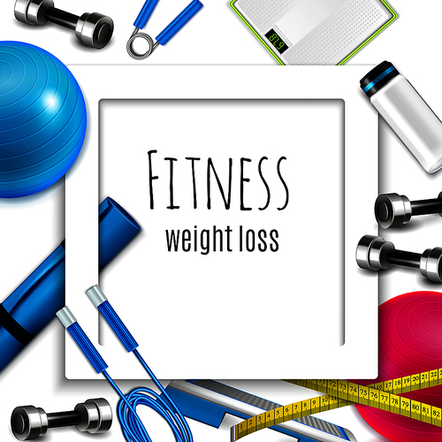 Fitness weight loss healthy lifestyle accessories white square frame with skip rope dumbbells scale realistic vector illustration