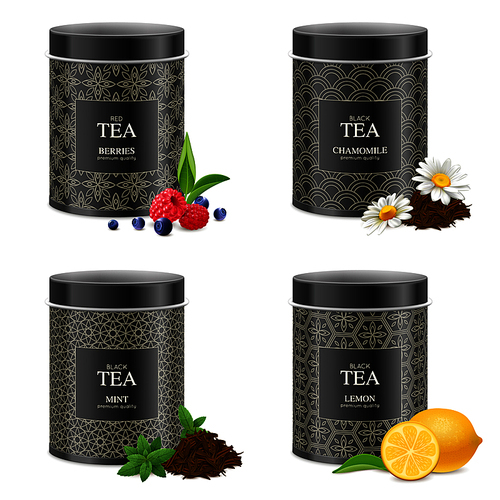 Realistic black tea tin boxes 4 packages collection with chamomile mint lemon raspberry blueberry isolated vector illustration