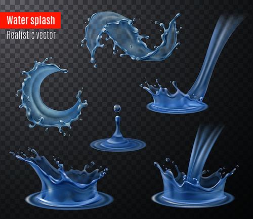 Water splash beautiful realistic images set for your designs blue on black transparent background isolated vector illustration