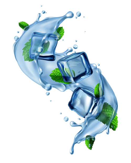 Realistic water splash in air with ice cubes and fresh mint leaves refreshing detox drink vector illustration