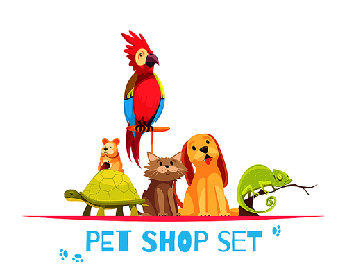 Pet shop composition with domestic animals parrot, hamster, chameleon, dog and cat on white background vector illustration