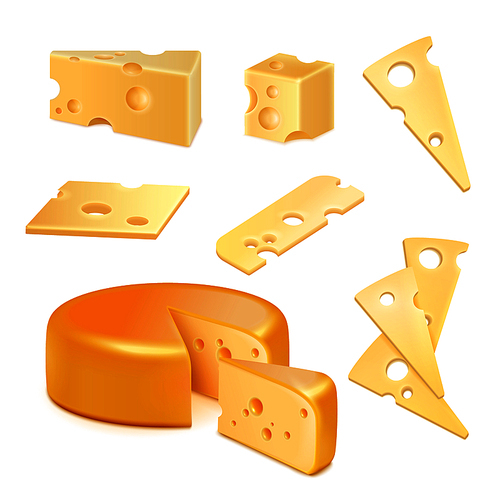 Cheese with holes, pieces and slices of various shape realistic set on white  isolated vector illustration