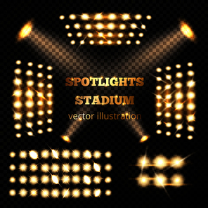 Stadium spotlights gold set with soffits and emitters on dark transparent background realistic isolated vector illustration