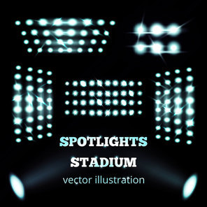Stadium spotlights realistic set of white cold soffits and floodlights on black background  isolated vector illustration