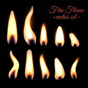 Bright fire flames of different realistic forms from burning candle or matchstick isolated on dark transparent background vector illustration