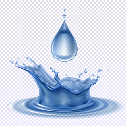 Blue water drop and splashes realistic design concept on transparent background abstract vector illustration