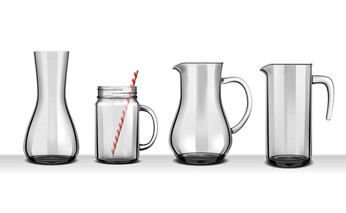 Four smooth glass realistic jugs and carafes of various shapes on white  isolated vector illustration
