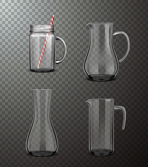 Four isolated  glass jugs of different form in realistic style on transparent background vector illustration
