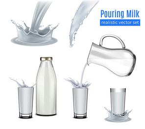 Pouring milk with splashes realistic icons set with glass jug bottle and beakers isolated vector illustration