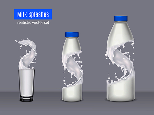 Milk splashes realistic composition with two plastic bottles and glass beaker filled with milk vector illustration