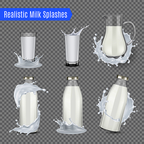 Milk splashes transparent set of jug bottles and beakers made of glass and full of milk realistic vector illustration