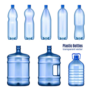 Plastic water bottles realistic set of large containers for cooler and small tare for retail sale isolated vector illustration