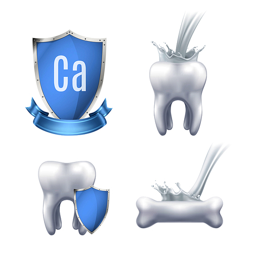 Calcium protection realistic icons collection for advertising medical production used for healthy teeth and bones isolated vector illustration