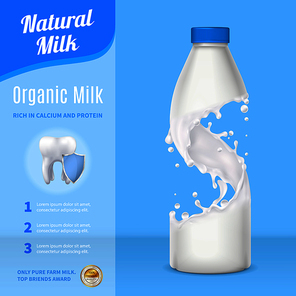 Natural milk advertising realistic composition with plastic bottle and carton pack on blue background vector illustration