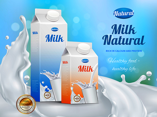 Colorful realistic poster advertising carton packs with natural milk rich in calcium and protein vector illustration