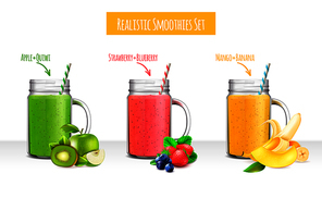 Colorful set of jars with smoothie drinks composed by fruits and berries ingredients realistic vector illustration