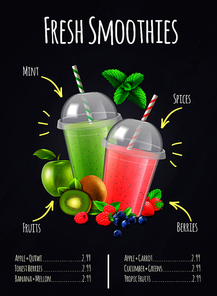 Restaurant or bar menu page with fresh smoothies realistic composition hand drawn price and ingredients labeling vector illustration