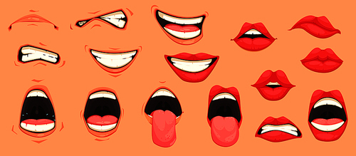 Cartoon cute mouth expressions facial gestures set with pouting lips smiling sticking out tongue isolated vector illustration