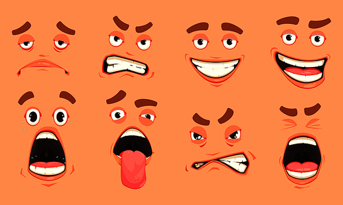 Men cute mouth eyes facial expressions gestures of surprise fear disgust sadness pleasure cartoon set vector illustration