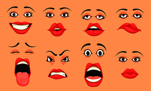 Women cute mouth lips eyes facial expressions gestures emotions of surprise happiness sadness cartoon set vector illustration