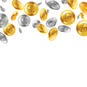 Crypto currency, flying golden and silver coins, virtual money on white background, realistic vector illustration