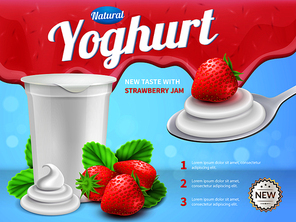 Yoghurt composition with new strawberry taste symbols realistic vector illustration