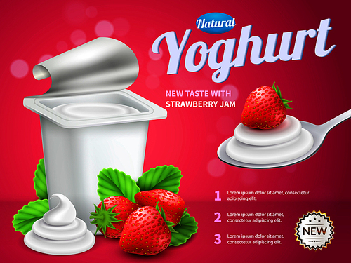 Yoghurt package advertising composition with strawberry yoghurt symbols realistic vector illustration