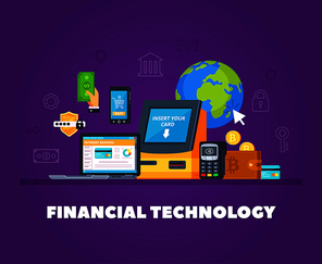 Financial technologies flat orthogonal composition with automatic banking machine transactions online smartphone shopping safety symbols vector illustration