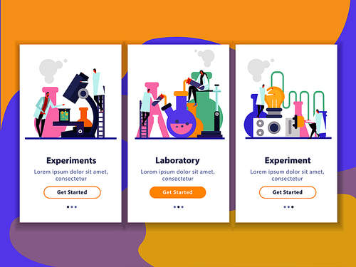 Science lab flat vertical banners with human characters during experiments, researches and innovation isolated vector illustration