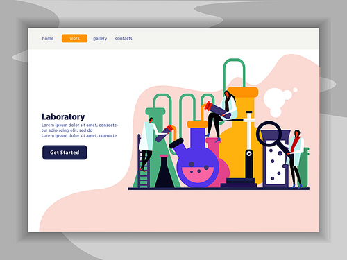 Science lab flat landing page of site with menu, image of chemical experiment, light background vector illustration