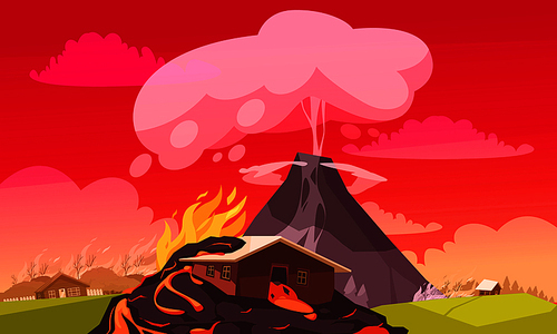 Natural disasters eruption composition of flat cartoon style landscape with burning houses and convulsion of nature vector illustration